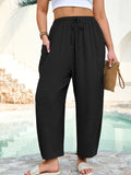 SHOWMALL Women's Plus Size Wide Leg Balloon Pants, Loose Fit Baggy Lantern Trousers with Pockets, Breathable Elastic Drawstring Waist Casual Pants for Summer Beach Travel Vacation