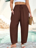SHOWMALL Women's Plus Size Wide Leg Balloon Pants, Loose Fit Baggy Lantern Trousers with Pockets, Breathable Elastic Drawstring Waist Casual Pants for Summer Beach Travel Vacation