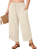 SHOWMALL Women's Plus Size Cropped Wide Leg Pants with Pockets, Elastic Waist Drawstring Casual Summer Pants,  Everyday Travel Wear 1X-5X