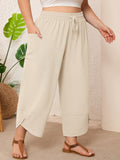 SHOWMALL Women's Plus Size Cropped Wide Leg Pants with Pockets, Elastic Waist Drawstring Casual Summer Pants,  Everyday Travel Wear 1X-5X