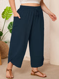 SHOWMALL Women's Plus Size Cropped Wide Leg Pants with Pockets, Elastic Waist Drawstring Casual Summer Pants,  Everyday Travel Wear 1X-5X