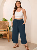 SHOWMALL Women's Plus Size Cropped Wide Leg Pants with Pockets, Elastic Waist Drawstring Casual Summer Pants,  Everyday Travel Wear 1X-5X