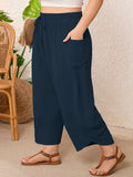 SHOWMALL Women's Plus Size Cropped Wide Leg Pants with Pockets, Elastic Waist Drawstring Casual Summer Pants,  Everyday Travel Wear 1X-5X