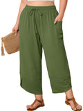 SHOWMALL Women's Plus Size Cropped Wide Leg Pants with Pockets, Elastic Waist Drawstring Casual Summer Pants,  Everyday Travel Wear 1X-5X