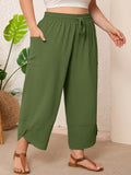SHOWMALL Women's Plus Size Cropped Wide Leg Pants with Pockets, Elastic Waist Drawstring Casual Summer Pants,  Everyday Travel Wear 1X-5X