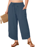 SHOWMALL Women's Plus Size Cropped Wide Leg Pants with Pockets, Elastic Waist Drawstring Casual Summer Pants,  Everyday Travel Wear 1X-5X