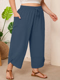 SHOWMALL Women's Plus Size Cropped Wide Leg Pants with Pockets, Elastic Waist Drawstring Casual Summer Pants,  Everyday Travel Wear 1X-5X