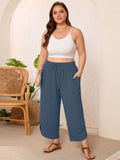 SHOWMALL Women's Plus Size Cropped Wide Leg Pants with Pockets, Elastic Waist Drawstring Casual Summer Pants,  Everyday Travel Wear 1X-5X
