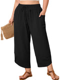 SHOWMALL Women's Plus Size Cropped Wide Leg Pants with Pockets, Elastic Waist Drawstring Casual Summer Pants,  Everyday Travel Wear 1X-5X