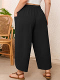 SHOWMALL Women's Plus Size Cropped Wide Leg Pants with Pockets, Elastic Waist Drawstring Casual Summer Pants,  Everyday Travel Wear 1X-5X