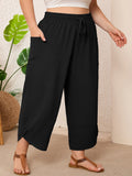 SHOWMALL Women's Plus Size Cropped Wide Leg Pants with Pockets, Elastic Waist Drawstring Casual Summer Pants,  Everyday Travel Wear 1X-5X
