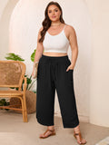 SHOWMALL Women's Plus Size Cropped Wide Leg Pants with Pockets, Elastic Waist Drawstring Casual Summer Pants,  Everyday Travel Wear 1X-5X