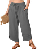 SHOWMALL Women's Plus Size Cropped Wide Leg Pants with Pockets, Elastic Waist Drawstring Casual Summer Pants,  Everyday Travel Wear 1X-5X
