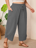 SHOWMALL Women's Plus Size Cropped Wide Leg Pants with Pockets, Elastic Waist Drawstring Casual Summer Pants,  Everyday Travel Wear 1X-5X
