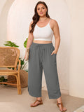 SHOWMALL Women's Plus Size Cropped Wide Leg Pants with Pockets, Elastic Waist Drawstring Casual Summer Pants,  Everyday Travel Wear 1X-5X