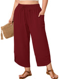 SHOWMALL Women's Plus Size Cropped Wide Leg Pants with Pockets, Elastic Waist Drawstring Casual Summer Pants,  Everyday Travel Wear 1X-5X