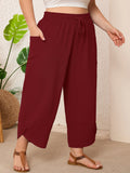SHOWMALL Women's Plus Size Cropped Wide Leg Pants with Pockets, Elastic Waist Drawstring Casual Summer Pants,  Everyday Travel Wear 1X-5X