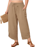 SHOWMALL Women's Plus Size Cropped Wide Leg Pants with Pockets, Elastic Waist Drawstring Casual Summer Pants,  Everyday Travel Wear 1X-5X