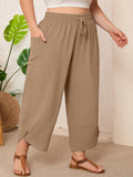 SHOWMALL Women's Plus Size Cropped Wide Leg Pants with Pockets, Elastic Waist Drawstring Casual Summer Pants,  Everyday Travel Wear 1X-5X