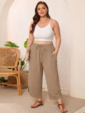 SHOWMALL Women's Plus Size Cropped Wide Leg Pants with Pockets, Elastic Waist Drawstring Casual Summer Pants,  Everyday Travel Wear 1X-5X