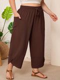 SHOWMALL Women's Plus Size Cropped Wide Leg Pants with Pockets, Elastic Waist Drawstring Casual Summer Pants,  Everyday Travel Wear 1X-5X