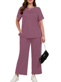 SHOWMALL 2 Piece Sets for Women Plus Casual Travel Vacation Outfits Short Sleeve Pleated Tops and Wide Leg Pants with Pockets Lounge Sets