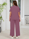 SHOWMALL 2 Piece Sets for Women Plus Casual Travel Vacation Outfits Short Sleeve Pleated Tops and Wide Leg Pants with Pockets Lounge Sets