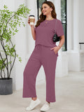 SHOWMALL 2 Piece Sets for Women Plus Casual Travel Vacation Outfits Short Sleeve Pleated Tops and Wide Leg Pants with Pockets Lounge Sets
