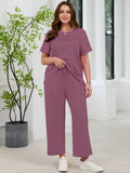SHOWMALL 2 Piece Sets for Women Plus Casual Travel Vacation Outfits Short Sleeve Pleated Tops and Wide Leg Pants with Pockets Lounge Sets