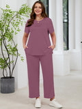 SHOWMALL 2 Piece Sets for Women Plus Casual Travel Vacation Outfits Short Sleeve Pleated Tops and Wide Leg Pants with Pockets Lounge Sets