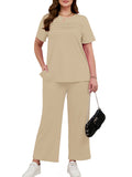 SHOWMALL 2 Piece Sets for Women Plus Casual Travel Vacation Outfits Short Sleeve Pleated Tops and Wide Leg Pants with Pockets Lounge Sets