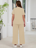 SHOWMALL 2 Piece Sets for Women Plus Casual Travel Vacation Outfits Short Sleeve Pleated Tops and Wide Leg Pants with Pockets Lounge Sets