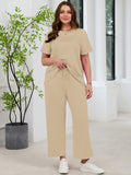 SHOWMALL 2 Piece Sets for Women Plus Casual Travel Vacation Outfits Short Sleeve Pleated Tops and Wide Leg Pants with Pockets Lounge Sets