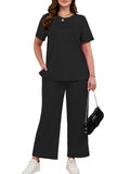 SHOWMALL 2 Piece Sets for Women Plus Casual Travel Vacation Outfits Short Sleeve Pleated Tops and Wide Leg Pants with Pockets Lounge Sets