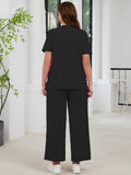 SHOWMALL 2 Piece Sets for Women Plus Casual Travel Vacation Outfits Short Sleeve Pleated Tops and Wide Leg Pants with Pockets Lounge Sets