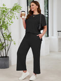 SHOWMALL 2 Piece Sets for Women Plus Casual Travel Vacation Outfits Short Sleeve Pleated Tops and Wide Leg Pants with Pockets Lounge Sets