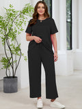 SHOWMALL 2 Piece Sets for Women Plus Casual Travel Vacation Outfits Short Sleeve Pleated Tops and Wide Leg Pants with Pockets Lounge Sets