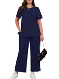 SHOWMALL 2 Piece Sets for Women Plus Casual Travel Vacation Outfits Short Sleeve Pleated Tops and Wide Leg Pants with Pockets Lounge Sets