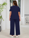 SHOWMALL 2 Piece Sets for Women Plus Casual Travel Vacation Outfits Short Sleeve Pleated Tops and Wide Leg Pants with Pockets Lounge Sets