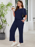 SHOWMALL 2 Piece Sets for Women Plus Casual Travel Vacation Outfits Short Sleeve Pleated Tops and Wide Leg Pants with Pockets Lounge Sets
