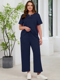 SHOWMALL 2 Piece Sets for Women Plus Casual Travel Vacation Outfits Short Sleeve Pleated Tops and Wide Leg Pants with Pockets Lounge Sets