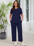 SHOWMALL 2 Piece Sets for Women Plus Casual Travel Vacation Outfits Short Sleeve Pleated Tops and Wide Leg Pants with Pockets Lounge Sets