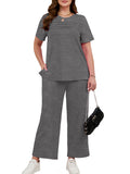 SHOWMALL 2 Piece Sets for Women Plus Casual Travel Vacation Outfits Short Sleeve Pleated Tops and Wide Leg Pants with Pockets Lounge Sets