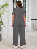 SHOWMALL 2 Piece Sets for Women Plus Casual Travel Vacation Outfits Short Sleeve Pleated Tops and Wide Leg Pants with Pockets Lounge Sets