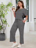 SHOWMALL 2 Piece Sets for Women Plus Casual Travel Vacation Outfits Short Sleeve Pleated Tops and Wide Leg Pants with Pockets Lounge Sets