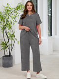 SHOWMALL 2 Piece Sets for Women Plus Casual Travel Vacation Outfits Short Sleeve Pleated Tops and Wide Leg Pants with Pockets Lounge Sets