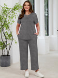 SHOWMALL 2 Piece Sets for Women Plus Casual Travel Vacation Outfits Short Sleeve Pleated Tops and Wide Leg Pants with Pockets Lounge Sets