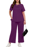 SHOWMALL 2 Piece Sets for Women Plus Casual Travel Vacation Outfits Short Sleeve Pleated Tops and Wide Leg Pants with Pockets Lounge Sets