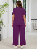 SHOWMALL 2 Piece Sets for Women Plus Casual Travel Vacation Outfits Short Sleeve Pleated Tops and Wide Leg Pants with Pockets Lounge Sets