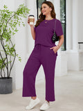 SHOWMALL 2 Piece Sets for Women Plus Casual Travel Vacation Outfits Short Sleeve Pleated Tops and Wide Leg Pants with Pockets Lounge Sets